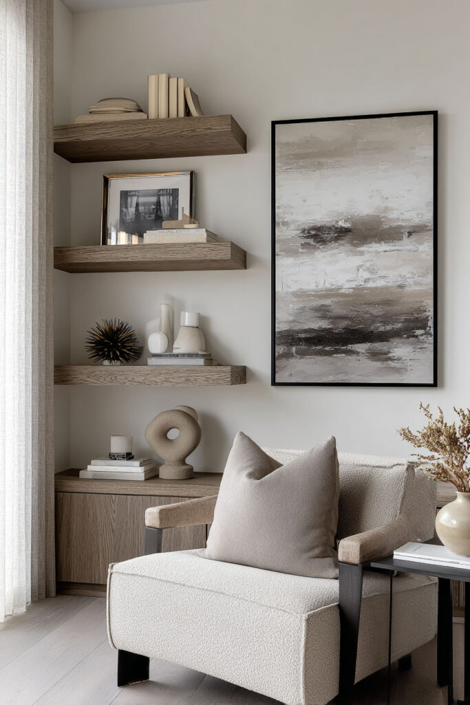 Neutral-toned floating shelves styled with abstract art, sculptural decor, monochrome books, and textured accessories.