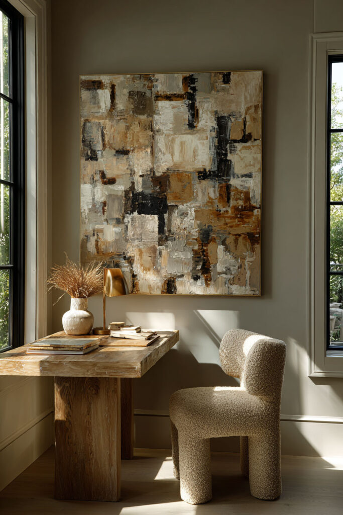Neutral home office featuring a large warm-toned abstract painting, natural wood desk styled with ceramic decor, and a textured boucle chair by tall windows.