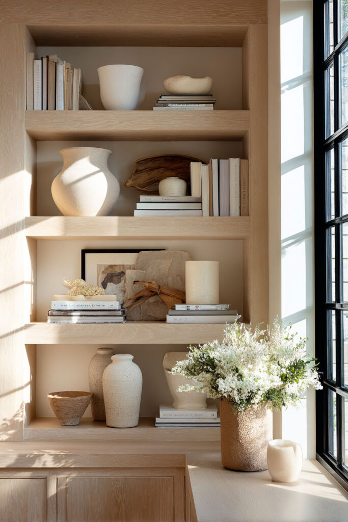 Shelf decor featuring stacked neutral books, white florals in a textured vase, soft-toned ceramics, and driftwood accents styled in a sunlit nook.