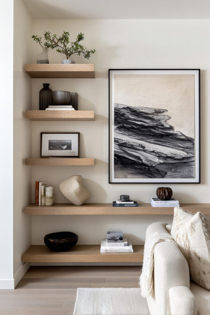 Floating wood shelves styled with sculptural objects, books, and monochrome art in a modern neutral living room.
