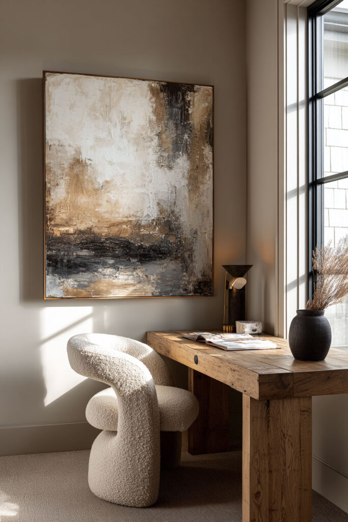 Neutral home office featuring a large textured abstract painting in warm earthy tones, a rustic wood desk, a modern bouclé accent chair, and natural light streaming through black-framed windows.