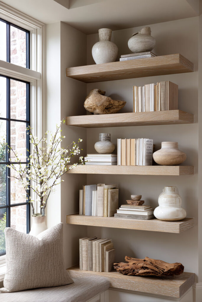Shelf styling in soft neutrals featuring stacked books, textured ceramics, sculptural driftwood, and blooming branches near a large window.