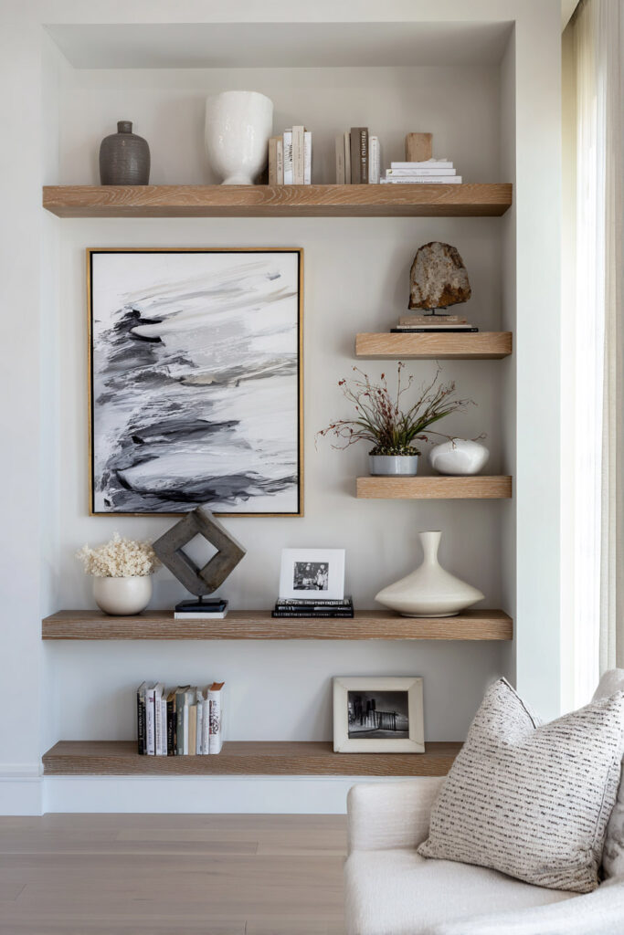Built-in shelves styled with abstract art, sculptural objects, books, and neutral decor in a modern minimalist room.
