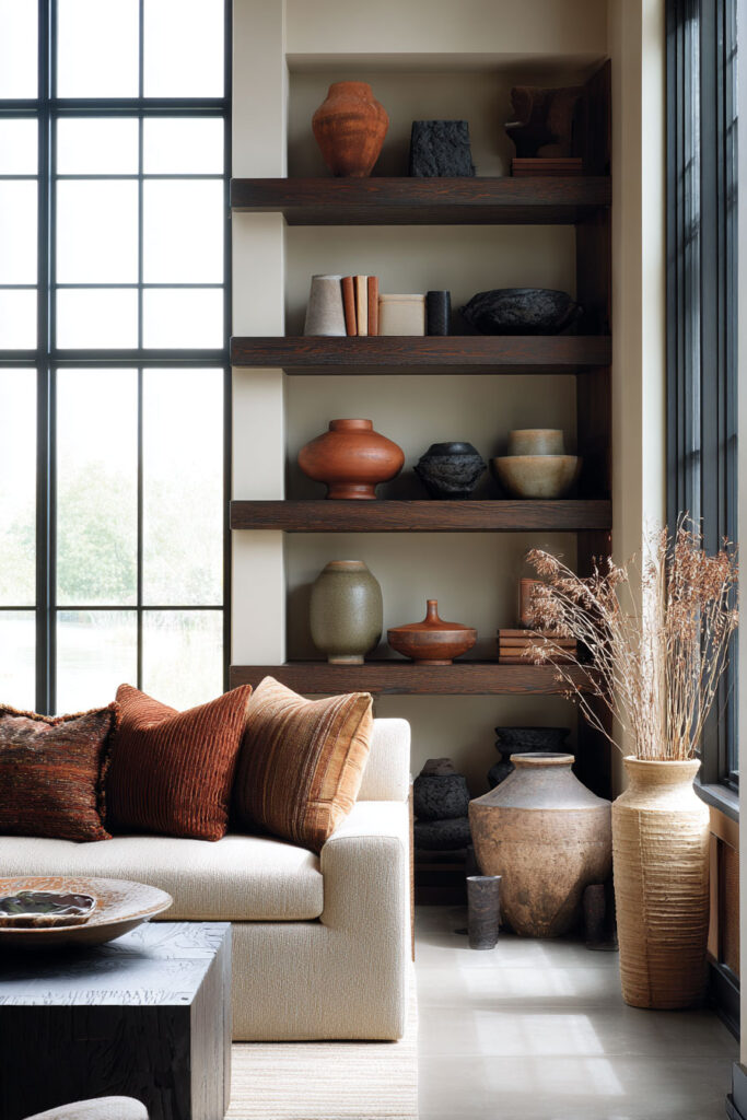 Shelf styling with dark wood shelves, terracotta and charcoal pottery, earth-toned books, and a neutral sofa with warm rust pillows.