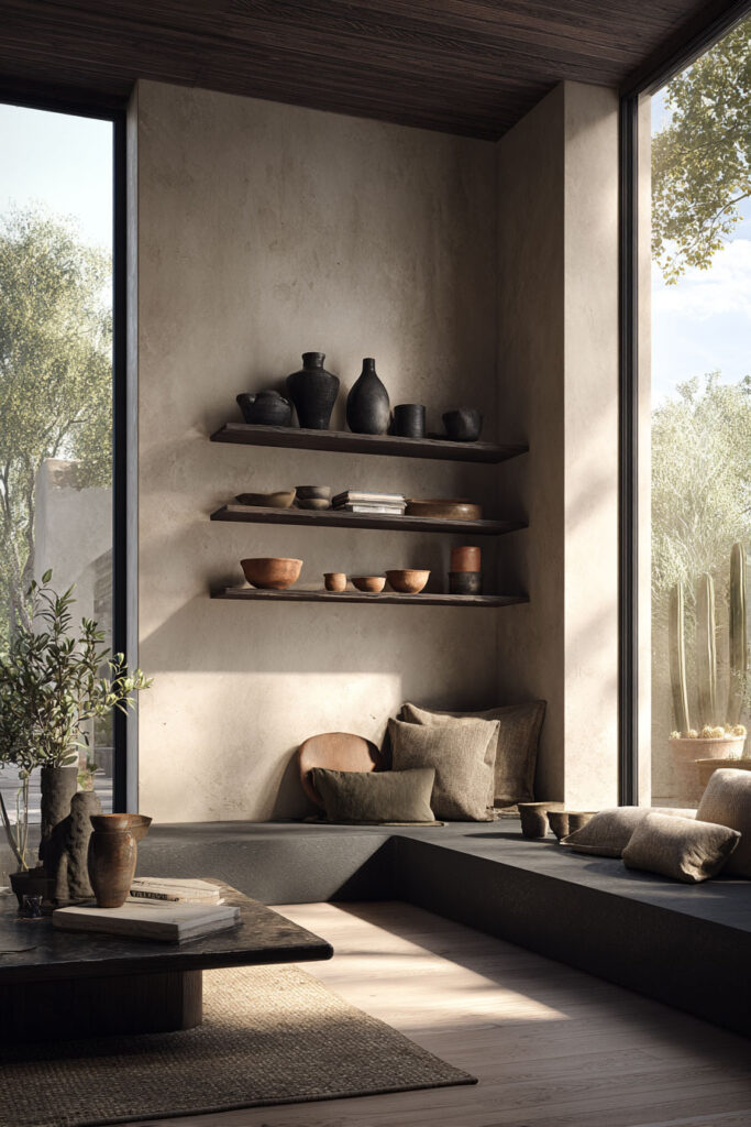 Minimalist room with dark wood floating shelves styled with black and clay pottery, earthy textiles, and low seating in natural tones.
