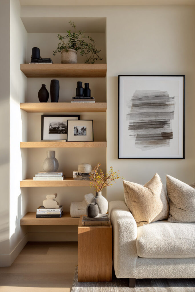 Built-in shelves with black vases, framed black-and-white photos, sculptural objects, and natural wood tones beside a textured cream sofa.