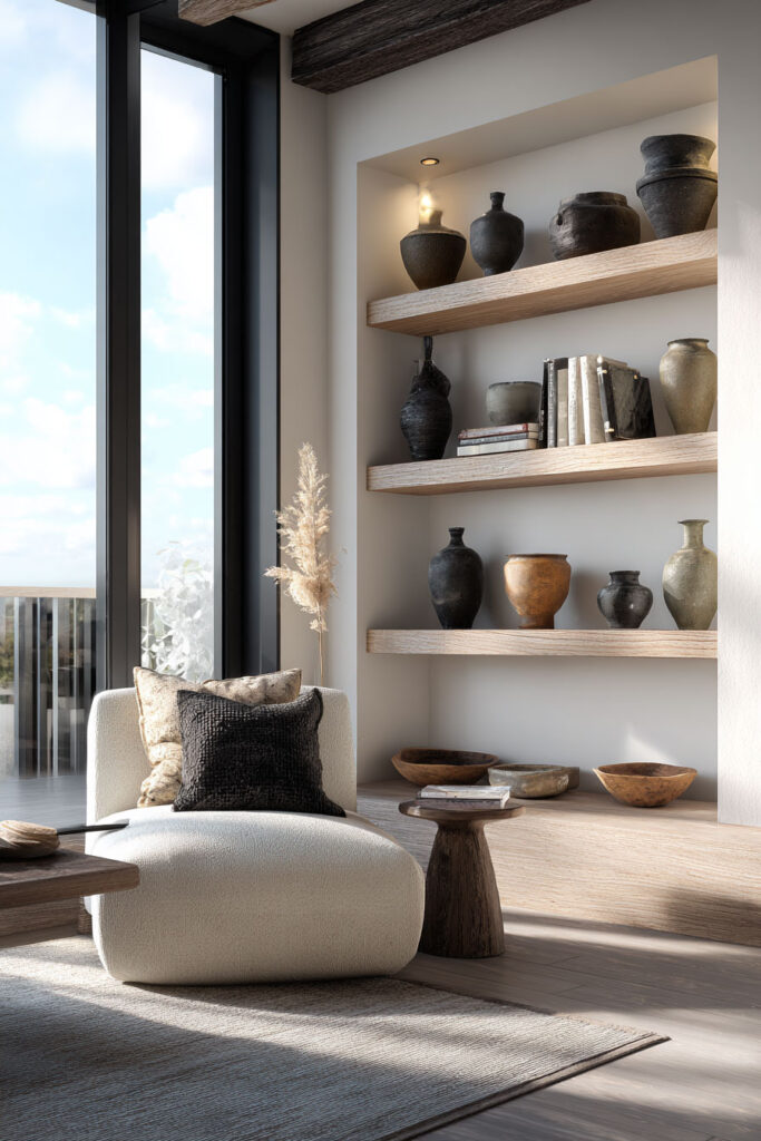 Built-in wood shelves styled with dark-toned pottery, neutral books, and ceramic vessels beside a cozy modern chair and large windows.