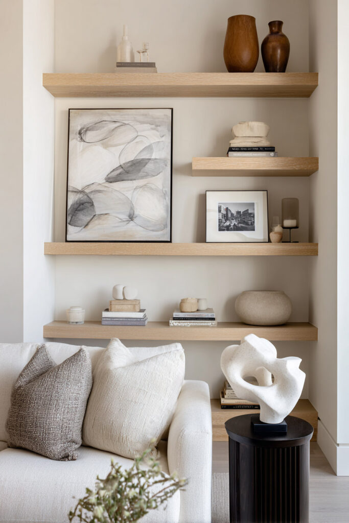 Floating wooden shelves styled with abstract black-and-white art, sculptural vases, stacked books, and organic neutral ceramics in a soft-toned living room.