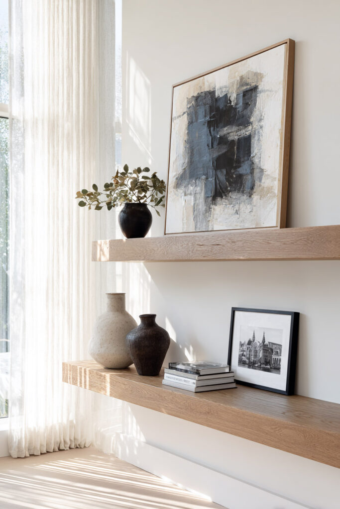 Minimal wood floating shelves styled with textured vases, abstract black and white artwork, a stack of neutral books, and soft natural light filtering through sheer curtains.