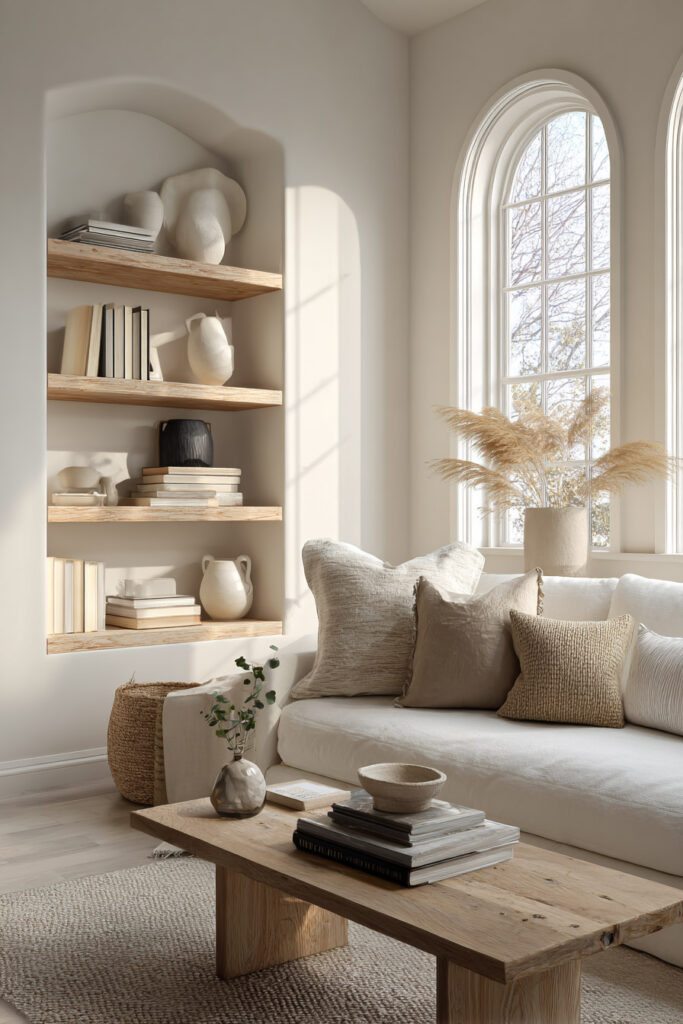Neutral-toned arched shelves in a living room styled with sculptural ceramics, books, and natural textures in a cozy, minimalist palette.