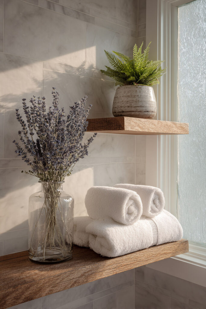 Bathroom shelf decor featuring a clear glass vase of dried lavender, a ceramic pot with a fern, and stacked rolled white towels in soft natural light.