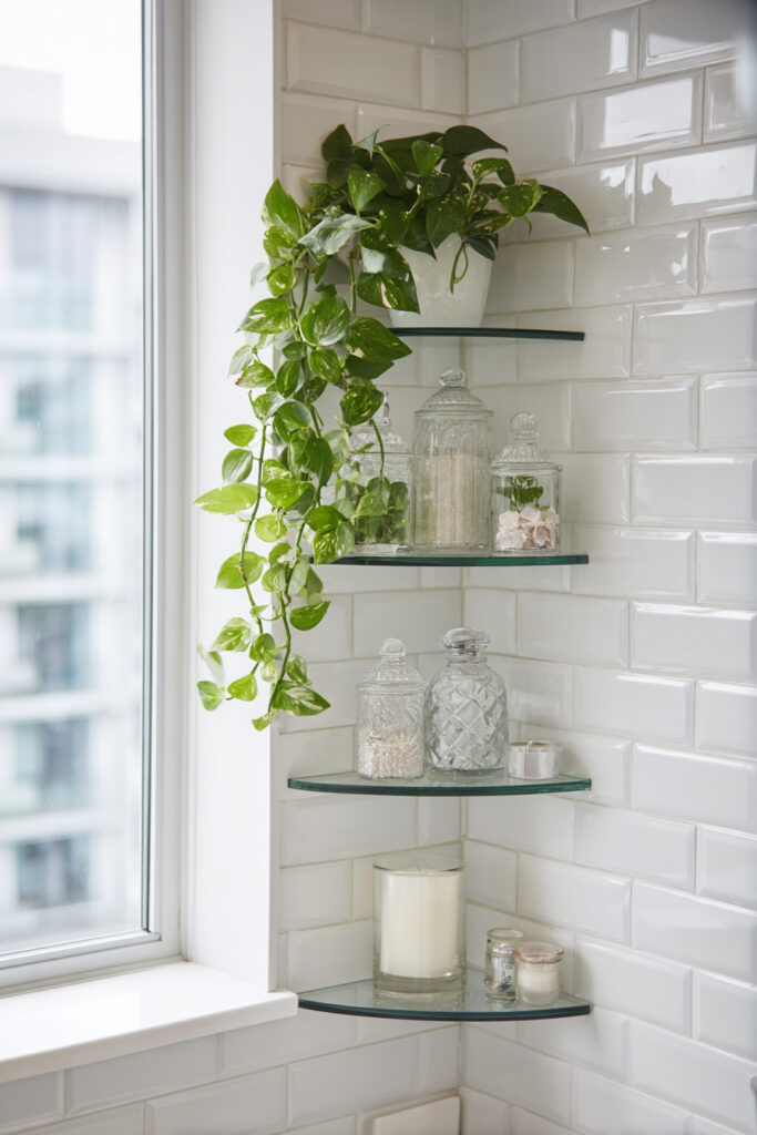 Corner bathroom shelves with glass jars of bath salts, beads, and petals, styled with a trailing pothos plant against white subway tile walls and natural window light.
