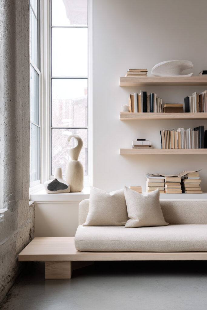 Floating light wood shelves styled with stacks of neutral books and minimalist sculptural decor in a soft modern living space. Natural light from tall windows highlights the layered textures, warm tones, and clean architectural lines.