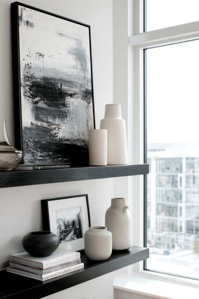 Black floating shelves styled with black-and-white abstract artwork, neutral ceramic vases, stacked books, and framed city photography near a window.