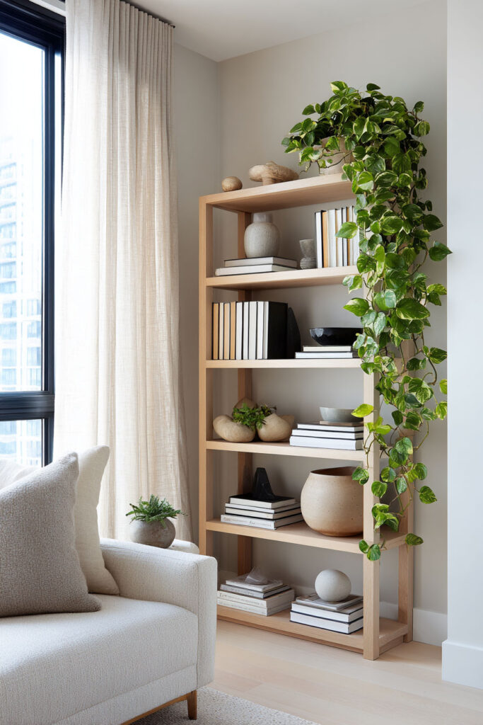 Wooden bookshelf styled with neutral-colored books, sculptural decor, and trailing greenery beside a cozy cream sofa and large window.