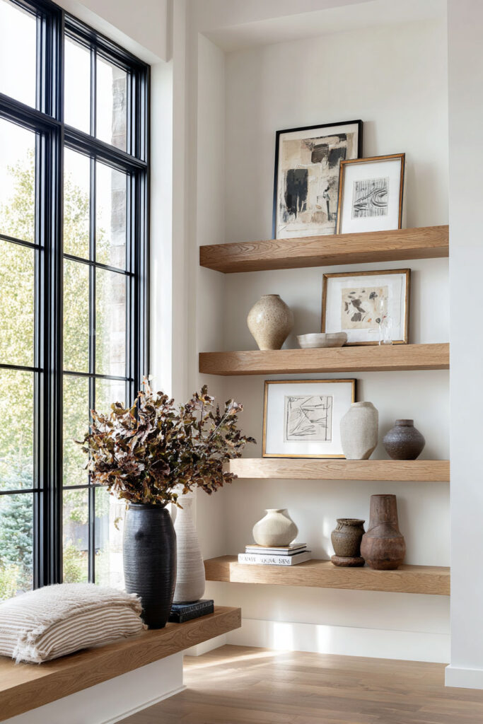 Modern floating wood shelves styled with framed abstract art, neutral-toned ceramic vases, and sculptural accents. Natural light streams through black-framed windows, enhancing the layered textures and creating a warm, curated display in a minimalist alcove.