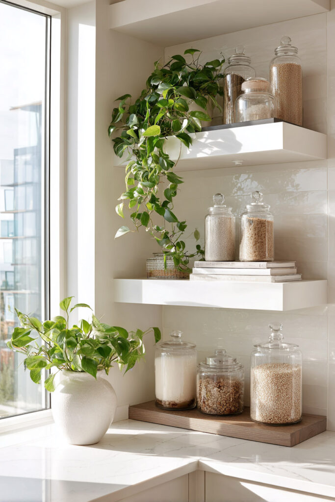 Bright modern kitchen corner with white floating shelves styled with glass jars filled with dry goods, trailing green vines, and a ceramic vase near a large window.