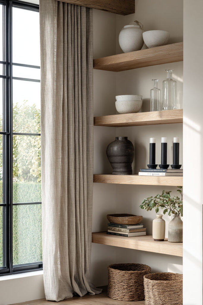 Neutral-toned built-in wood shelves styled with ceramic bowls, black candleholders, glass bottles, woven baskets, and stacked books near a large window with linen curtains.