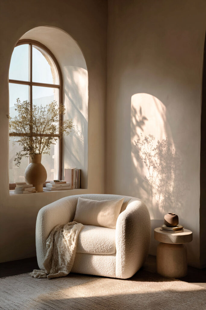 A neutral decor reading nook with a white bouclé armchair, soft beige pillow, textured throw blanket, sculptural stone side table, and natural light streaming through an arched window.