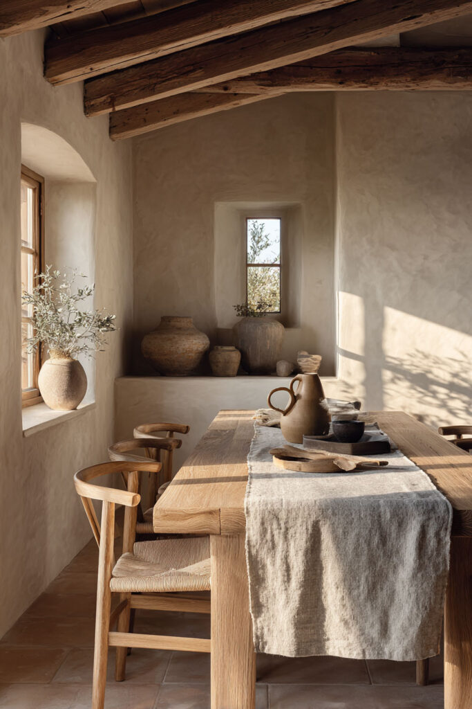 Neutral dining room with natural wood table, linen table runner, rustic ceramic pottery, and warm sunlight streaming through plaster walls and wooden ceiling beams.