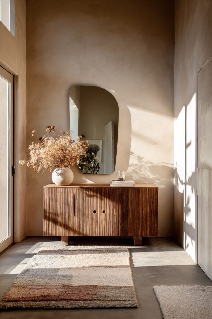 Neutral modern entryway featuring a fluted wooden console table, organic shaped mirror, ceramic vase with dried flowers, and a soft neutral rug.