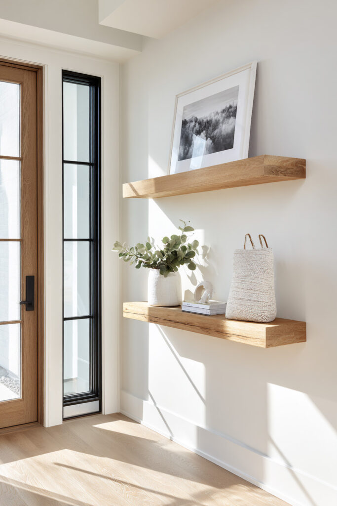 Light wood floating shelves in a neutral entryway styled with a black-and-white photo, ceramic vase with eucalyptus, and textured decor under natural sunlight.