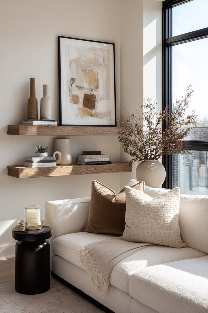 Floating wooden shelves styled with abstract neutral art, stacked books, minimalist vases, and earthy decor in a sunlit modern living room corner.