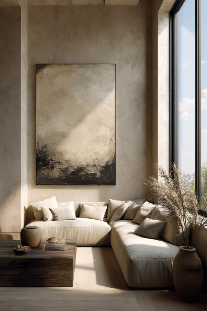 A neutral living room with a large abstract painting in soft beige and black tones above a modern beige sectional sofa, styled with layered pillows, a rustic wood coffee table, and a tall vase of pampas grass by floor-to-ceiling windows.