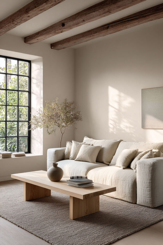 A bright neutral minimalist living room with exposed wood ceiling beams, a soft beige linen sofa with layered neutral pillows, a low natural wood coffee table, and a black grid window letting in abundant natural light.
