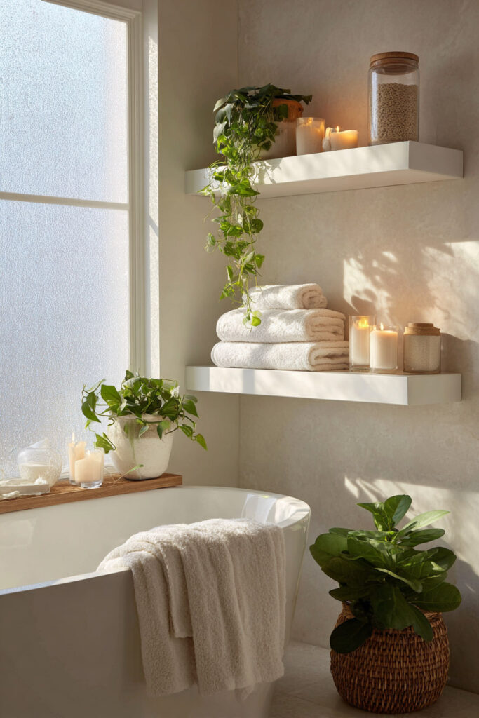 Serene bathroom with white floating shelves styled with rolled towels, lit candles, hanging and potted plants, and spa essentials. Natural light filters through a frosted window, casting soft shadows across the warm, tranquil setting.