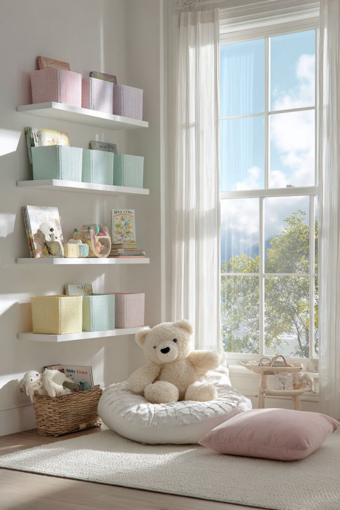 Wall-mounted kids’ shelves styled with pastel gingham storage bins, upright picture books, and soft natural light creating an organized and cheerful display.