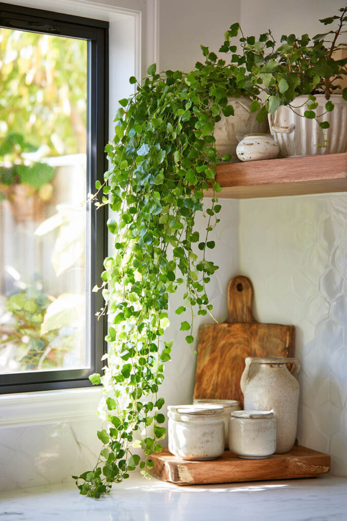 Bright kitchen corner with trailing green plant on a wooden shelf, ceramic jars, and rustic cutting boards styled beside a sunlit window.