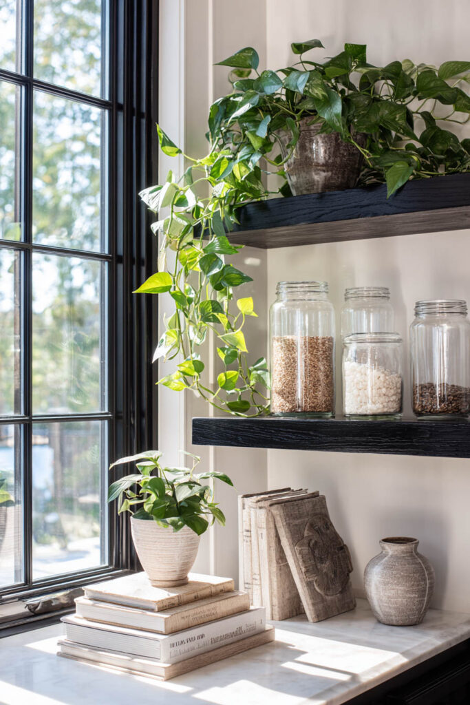 Stylish kitchen shelves with matte black floating shelves, clear glass jars filled with pantry staples, trailing pothos plants, and vintage books by a window.