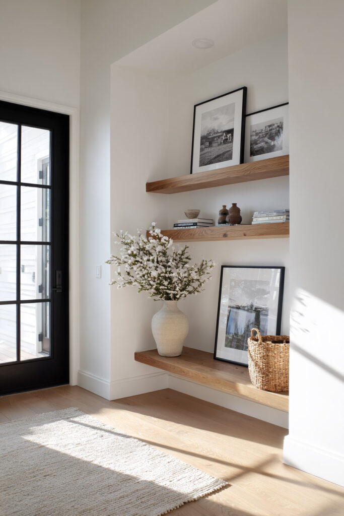 Minimalist entryway shelf styling featuring natural wood floating shelves, framed black-and-white photography, neutral pottery, and a large ceramic vase with white faux florals, set against a bright white wall.