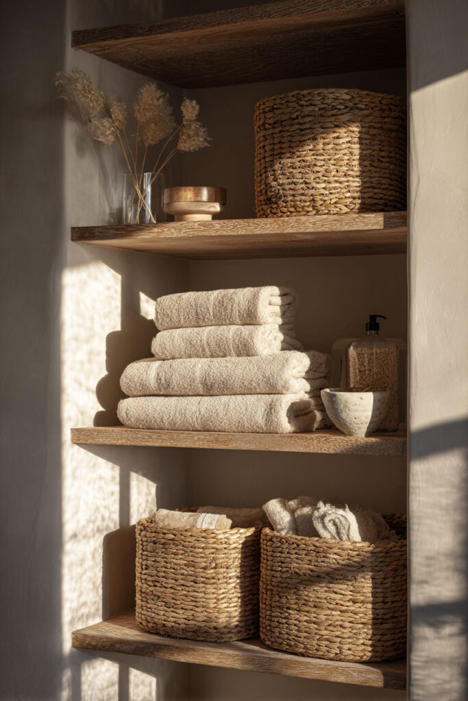 Warm-toned bathroom shelves styled with stacked beige towels, woven storage baskets, dried florals, and a ceramic soap dispenser in soft afternoon light.