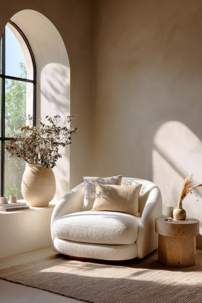 A serene reading nook styled with neutral decor, including a white bouclé lounge chair, soft beige pillows, a stone side table, and natural light from an arched window.
