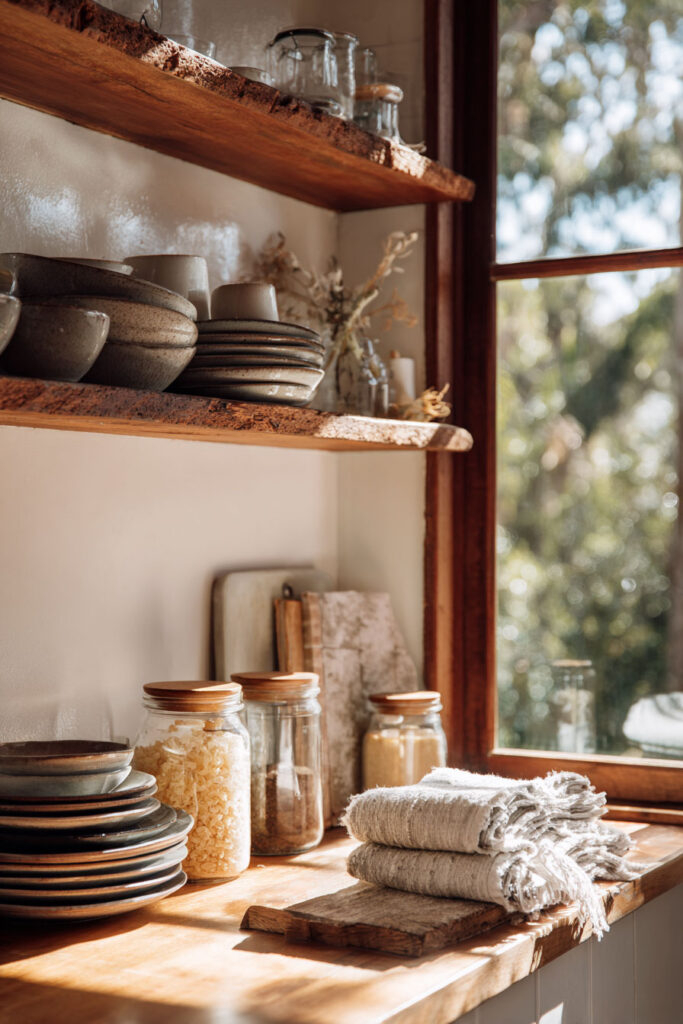 Neutral rustic kitchen with natural wood open shelves, stacked ceramic dishes, glass jars with pantry staples, and folded linen towels by a sunny window.