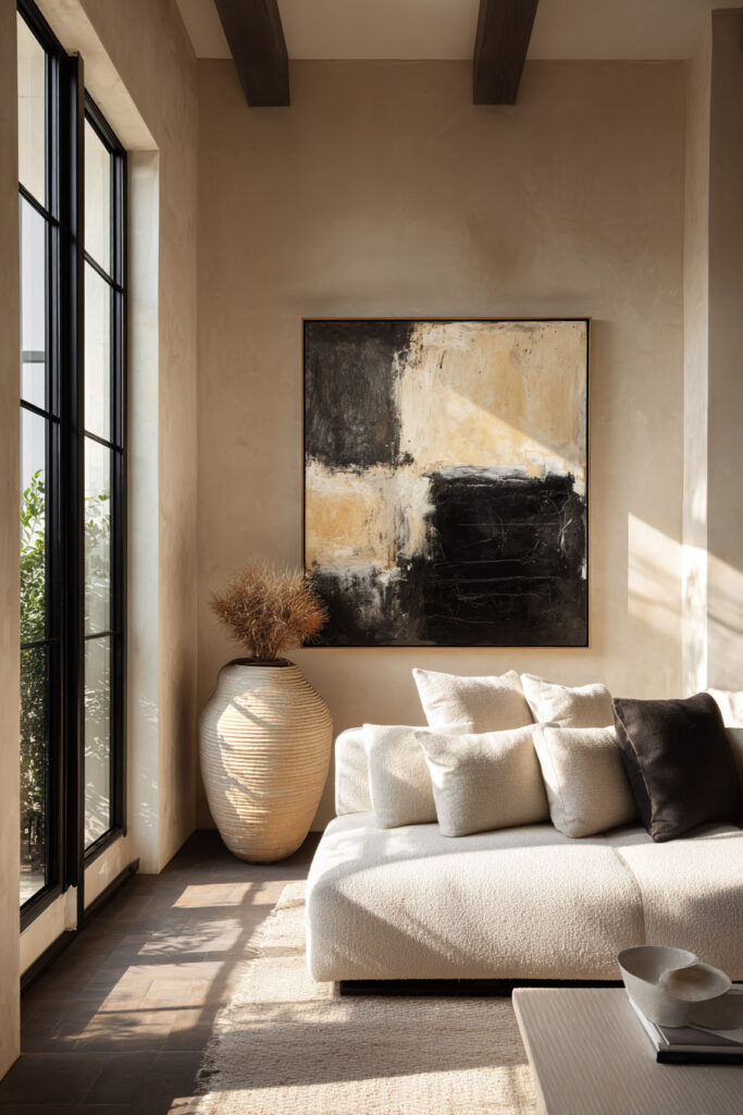 Neutral living room featuring a large black and beige abstract painting above a modern cream sectional sofa with textured pillows, a woven vase with pampas grass, and minimalist decor in natural light.