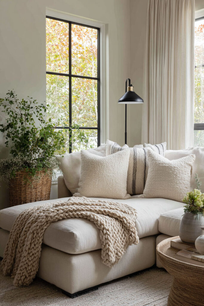 Bright neutral living room featuring a cream sectional sofa with textured pillows, a chunky knit blanket, woven coffee table, and a large basket of greenery.