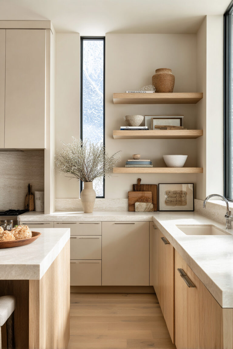 A neutral minimalist kitchen featuring warm wood cabinetry, open wood shelves styled with pottery and books, a tall narrow window, and creamy countertops with soft natural light.