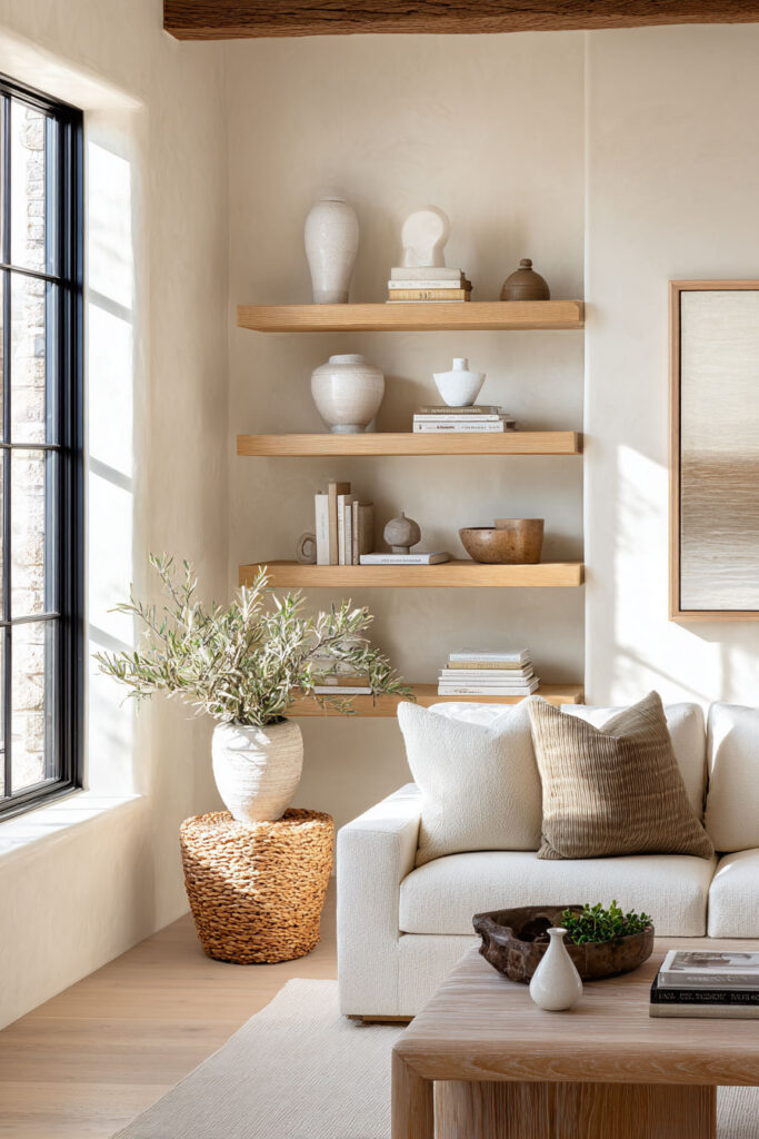 Neutral wood shelves in a cozy living room styled with ceramic vases, minimal books, and earthy decor in a warm natural palette.