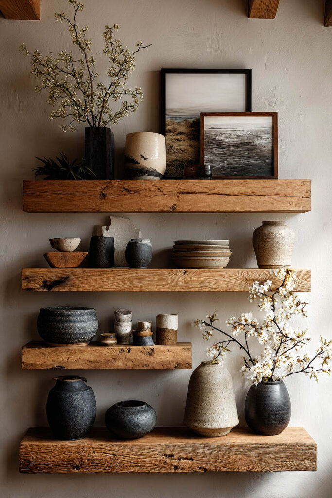 Rustic wood floating shelves styled with handmade pottery, neutral-toned dinnerware, blossoming branches, and framed landscape photography. Warm natural light enhances the textures of the rough wood, ceramics, and organic materials, creating a grounded, nature-inspired display.