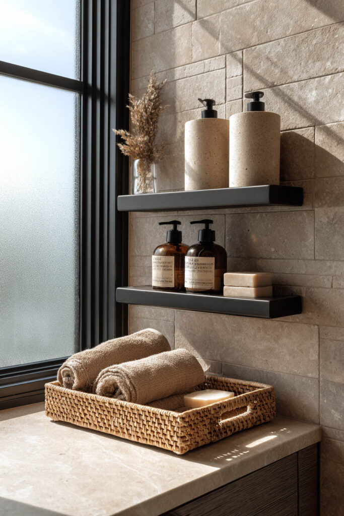 Modern bathroom with black floating shelves holding stone soap dispensers, amber bottles, and bar soaps, paired with a woven tray of towels on a marble counter.