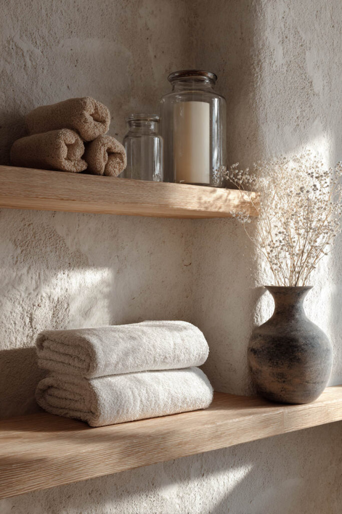 Floating wooden shelves styled with rolled towels, clear glass jars, a large ceramic vase, and dried florals against a textured plaster wall in a spa-like bathroom.