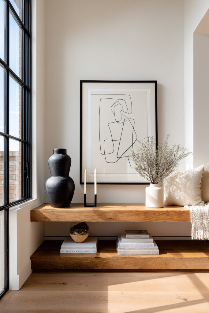 Natural wood shelves styled with a modern black-and-white line art print, black sculptural vase, neutral ceramic vase with greenery, and stacked books.