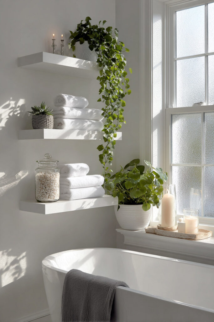 Bright white bathroom featuring floating shelves styled with rolled towels, trailing plants, a jar of bath salts, and candles near a sunlit window. A freestanding tub adds to the spa-like atmosphere.