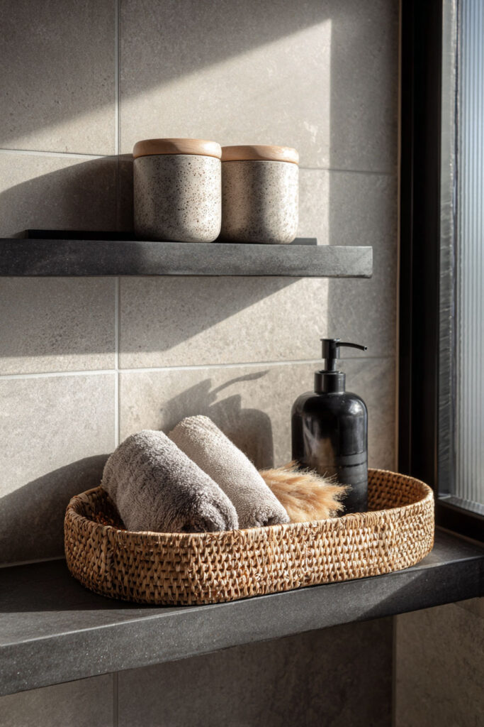 Stone bathroom with dark floating shelves, ceramic jars with wood lids, and a woven basket holding plush gray towels and black soap dispenser.