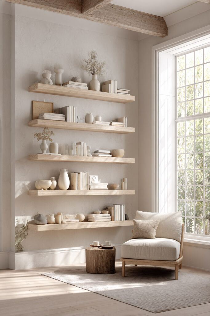 Multiple floating wood shelves styled with neutral books, ceramic vases, and sculptural objects in a soft-toned sitting room.