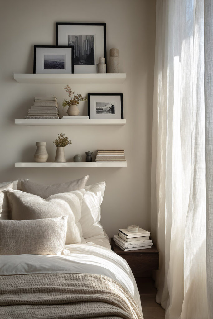 Neutral bedroom featuring white floating shelves styled with framed black and white photography, ceramic vases, stacked books, and dried florals. Soft linen curtains and layered pillows add warmth and coziness.