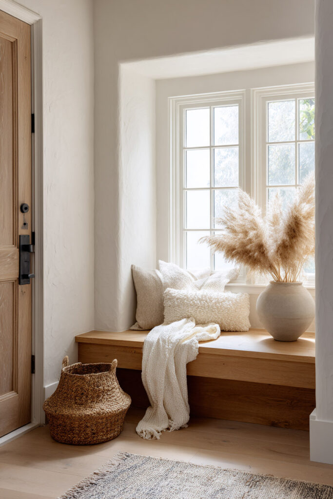 A neutral entryway with a wood window bench, soft textured pillows, a white knit throw, and a ceramic vase with pampas grass.